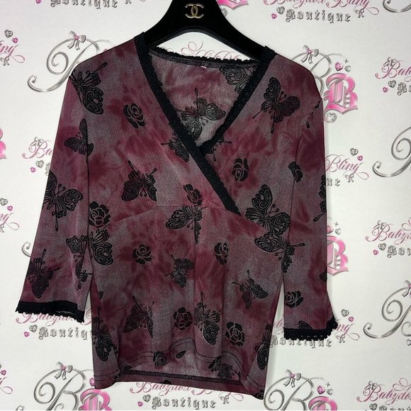 Tops - Butterfly roses shirt stretchy y2k lace trim black and red goth punk fairy y2k